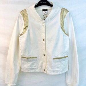 CHANEL Boutique, Bomber Jacket in White Linen and Gold Lurex, Size 38